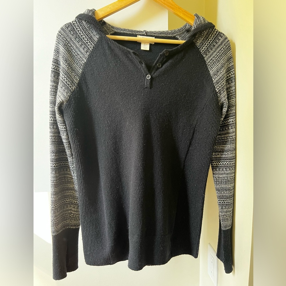 TELLURIDE Lambswool Blend Hooded Fair Isle‎ Sweater Henley Black Cozy Hoodie S